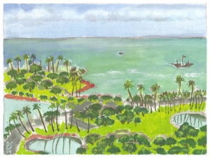 Ala Moana Beach Park from balcony of Ala Moana Hotel; 6"x8" opaque watercolor on primed artist canvas.